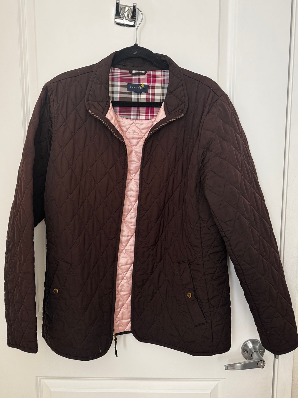 Lands' End Quilted Brown Jacket with Pink Lining